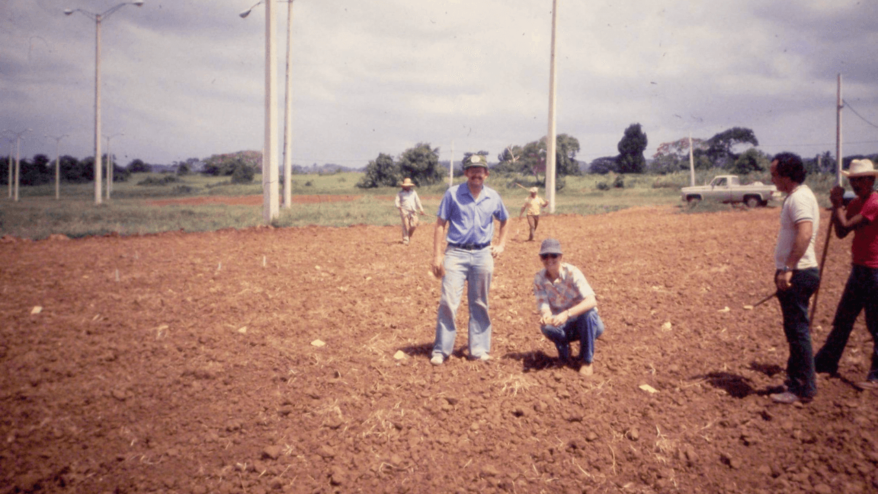 Primera plantación de habichuelas de James Beaver en Puerto Rico. Linda Wessel Beaver está junto a él. (Suministrada por Linda Wessel Beaver)